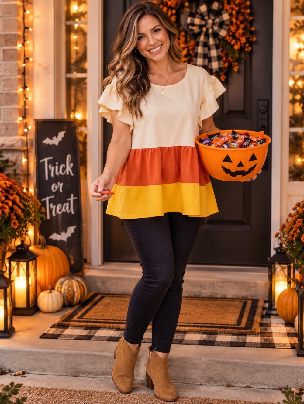 SHEIN Curve Candy Corn Colorblock Halloween Flutter Sleeve Top 1XL